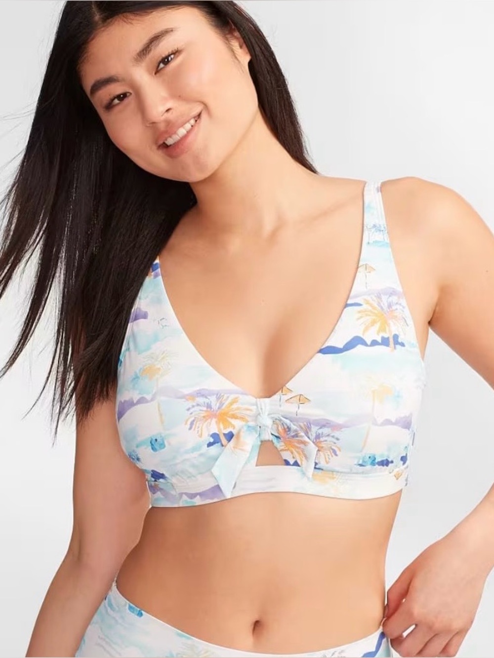 Pastel Blue & Lavender Palm-Print Tie-Front Bikini Top